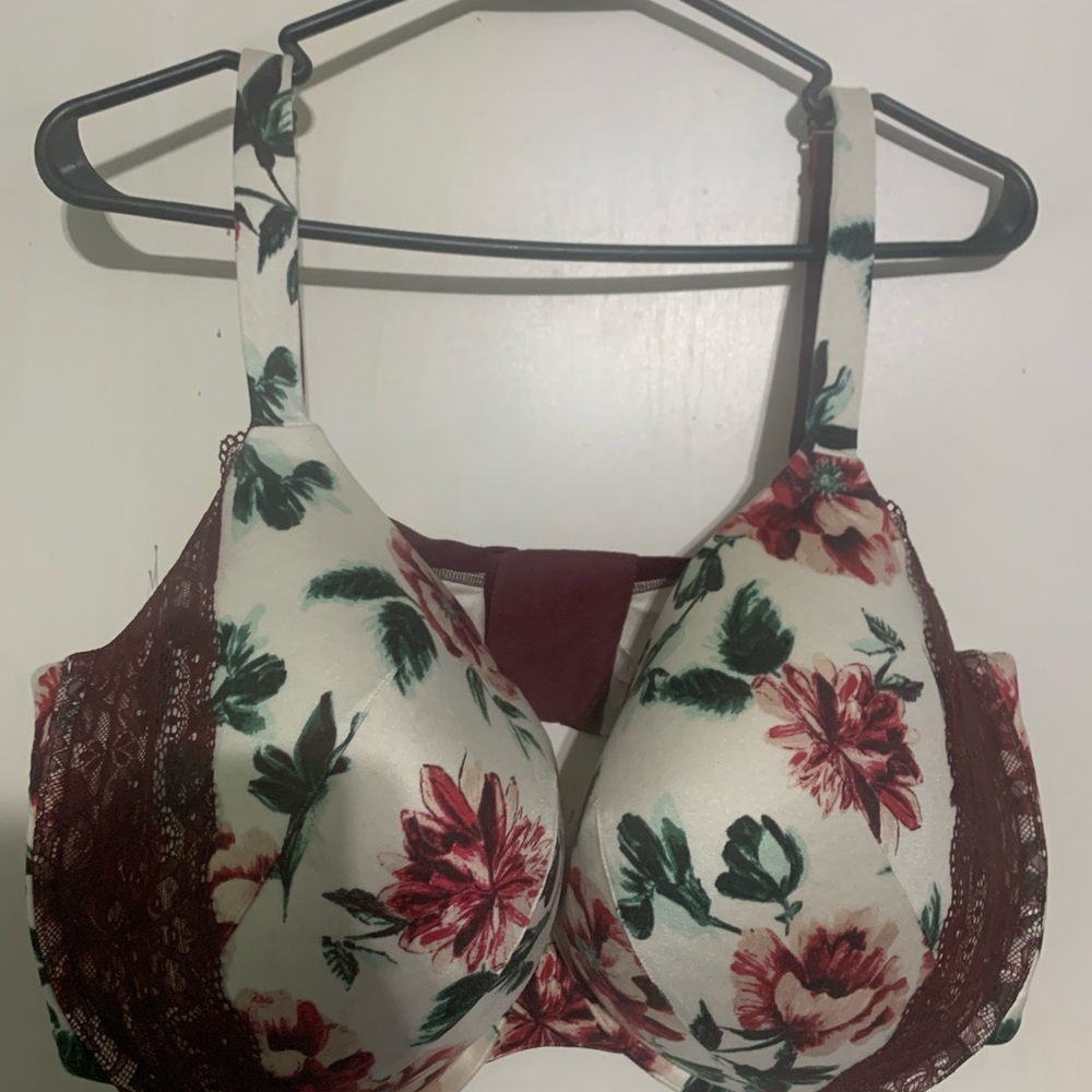 Cacique Cream Bra with Burgundy Floral Print and Green Leaves
